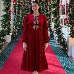 Red Velvet Dress with Crystal Bow Accents